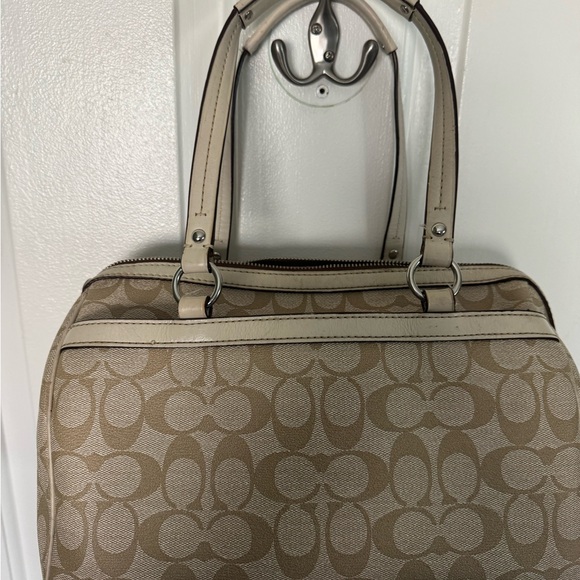 Coach Beige Canvas Satchel with Pink Accent Stripe and Tag - Picture 2 of 6